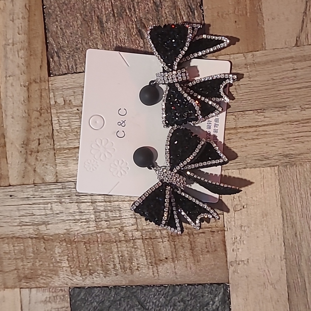 Black and White Bow Rhinestone Earrings